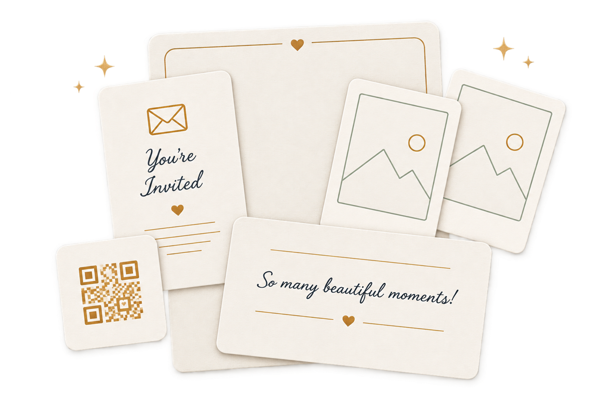 Illustration of wedding stationery — an invitation, a QR card, photo prints and a message card
